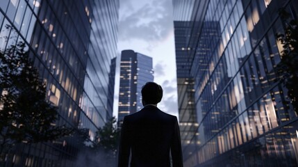 A man in a suit stands in front of a large glass building