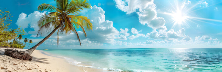 panoramic view of Tropical Beach with Lush Palm Tree Over Turquoise Waters Under a Brilliant Blue Sky
