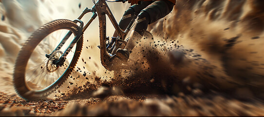 close-up of a man in sports gear rushing at wild speed on a mountain bike along a dusty dangerous mountain track, dirt and dust flying from under the wheels. - obrazy, fototapety, plakaty