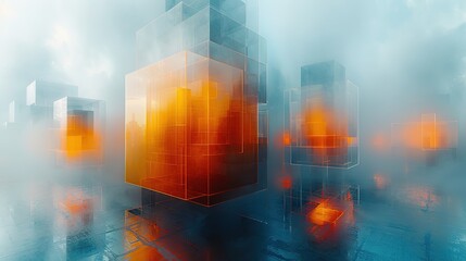  Futuristic Minimalist 3D Digital Background with Cubes, Transparent Skyscrapers, and Particle Art in Blue, White, Yellow for Modern Abstract Design Concepts