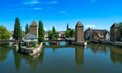 Fototapeta na wymiar Covered bridge Pont Couverts in Strasbourgh in the district Petite France, Alsace.