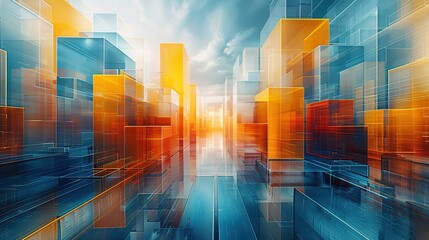  Futuristic Minimalist 3D Digital Background with Cubes, Transparent Skyscrapers, and Particle Art in Blue, White, Yellow for Modern Abstract Design Concepts