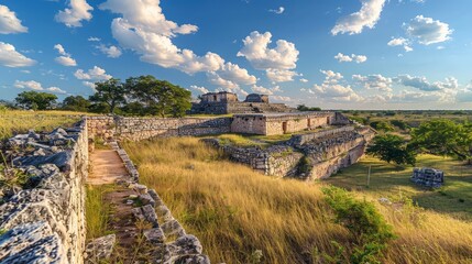 Panoramic view of the Uxmal Mayan ruins, ancient Mexican site