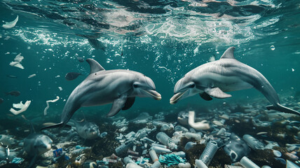 Fototapeta premium beautiful beach and blue sea polluted by waste plastic, dolphins and turtles in a polluted ocean conditions