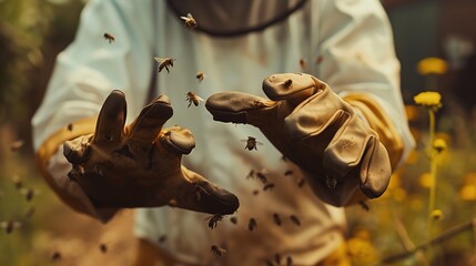 Beekeeper Holding Bees in Bee Suit - obrazy, fototapety, plakaty