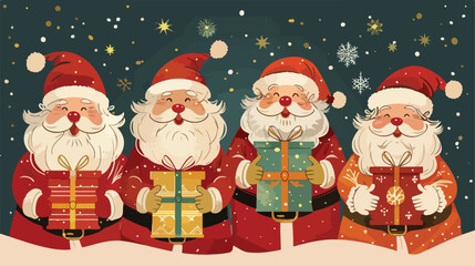 Four of Santa Clauses with big gifts on color background - obrazy, fototapety, plakaty