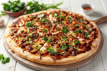 Freshly baked pizza topped with caramelized onions, mozzarella, and cilantro on a wooden board