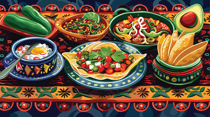 Four of traditional Mexican dishes on table Vector style