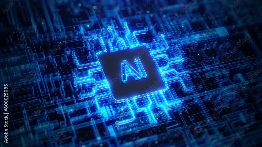 Poster ai technology on a circuit board with blue neon lights, digital circuit board with glowing neon ai s