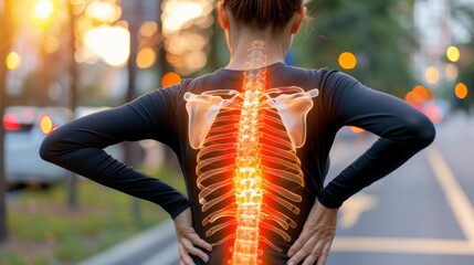 Woman in pain  spine ailments causing osteoporosis, degeneration, cancer, or disc disease