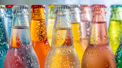 Vibrant close-up of assorted sparkling and still water bottles, featuring both plain and flavored varieties, set against a pristine isolated background with studio lighting.