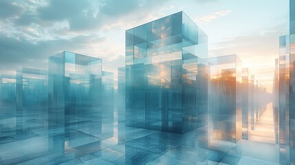  Futuristic Minimalist 3D Digital Background with Cubes, Transparent Skyscrapers, and Particle Art in Blue, White, Yellow for Modern Abstract Design Concepts
