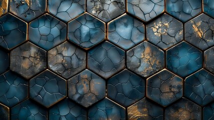 Rustic Charm: Textured Hexagonal Tiles with Gold Accents