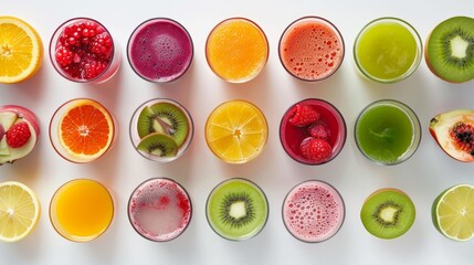 Top view of colorful smoothies, assorted fruits and vegetables blended into vibrant drinks, white background, studio lighting