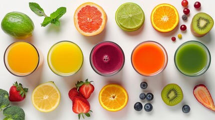 Top view of assorted fresh and commercial juices, featuring vivid vegetable extracts, perfect studio lighting on a seamless white background