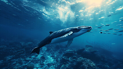 Fototapeta premium beautiful beach and blue sea polluted by waste plastic, dolphins and turtles in a polluted ocean conditions