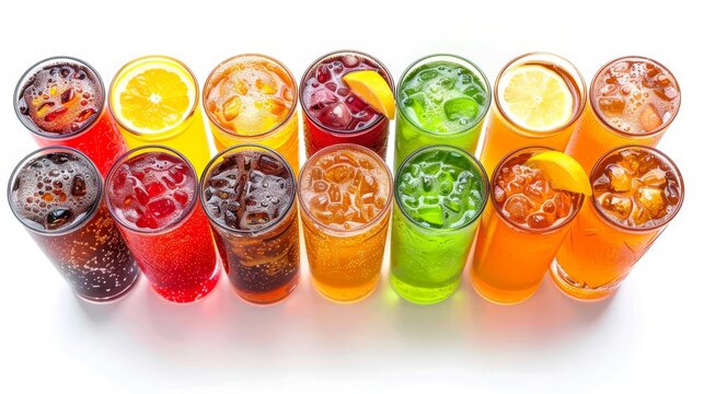 Top view of an assortment of carbonated soft drinks, vivid colors of colas, lemon-lime, and fruit sodas, high contrast on a pure white background