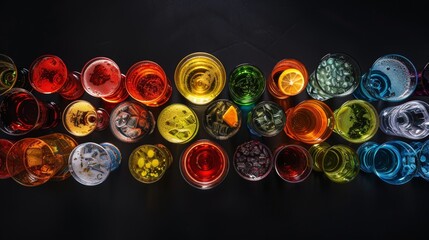 Top shot of a vibrant collection of mixed drinks, from colorful cocktails to classic spirits, set against a pure black background, highlighting their colors and textures