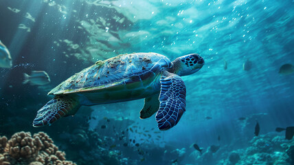 Obraz premium beautiful beach and blue sea polluted by waste plastic, dolphins and turtles in a polluted ocean conditions