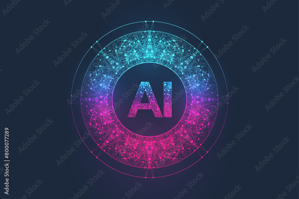 Poster AI Banner Concept In The Digital Style. Generative Ideas Design Element For Internet Technology. Futuristic Technology Concept Artificial Intelligence.