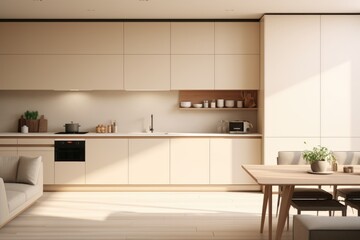 Interior of modern kitchen with beige walls, wooden floor, beige cupboards and white cupboards