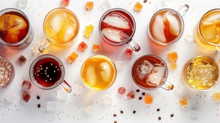 Top-down view of assorted iced tea and coffee in glass mugs, vibrant colors, crisp isolated background, studio lights, sugar sprinkled around - obrazy, fototapety, plakaty
