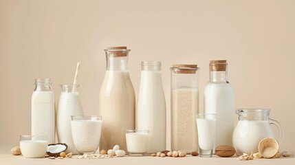 Studio shot of a variety of dairy and non-dairy milk options like oat milk and almond milk, highlighted with sharp studio lighting, on a clean background - obrazy, fototapety, plakaty