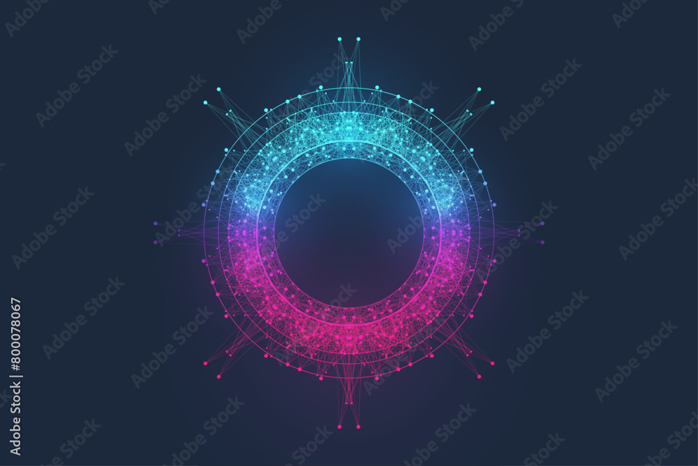 Fototapete Scientific vector illustration quantum computer technology. Plexus fiction effect. Deep learning artificial intelligence. Big data algorithms visualization. Quantum explosion background.
