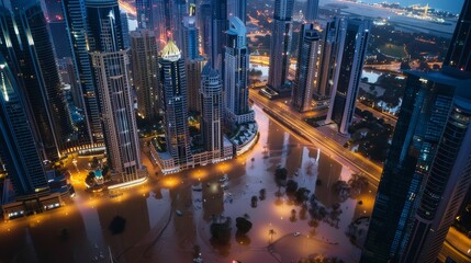 Twilight cityscape with illuminated skyscrapers Dubai Rain Flooding