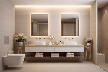 Modern bathroom with wooden walls, concrete floor, comfortable white bathtub with mirror and sink.