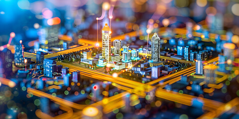 Obraz premium A vibrant cityscape at night, with illuminated buildings and a dazzling display of lights in the background.