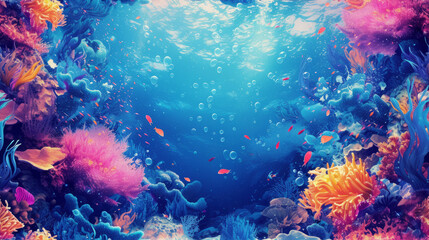 Vibrant underwater seascape with colorful coral and fish in digital art style