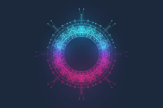 Scientific vector illustration quantum computer technology. Plexus fiction effect. Deep learning artificial intelligence. Big data algorithms visualization. Quantum explosion background.