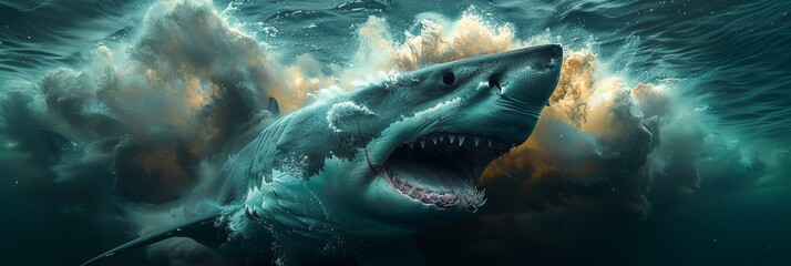 Underwater turmoil: Great white shark amid a stormy oceanic landscape