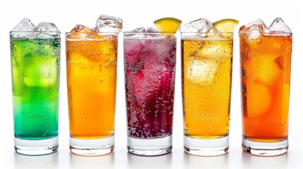Soft drink assortment in clear glasses, dynamic colors, isolated on pure white, perfect lighting to enhance appeal