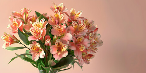 Top view of a bouquet of pink color, Beautiful alstroemeria flowers of delicate peach color in bright green leaves