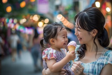 Happy mother with daughter eating ice cream together in the city