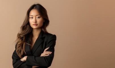Portrait Of Confident Young Asian Businesswoman Standing isolated on brown background.