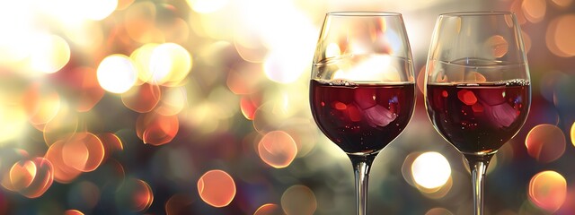 Two glasses of red wine on a sparkling blurred background.