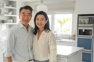 Asian elderly couple posing in kitchen