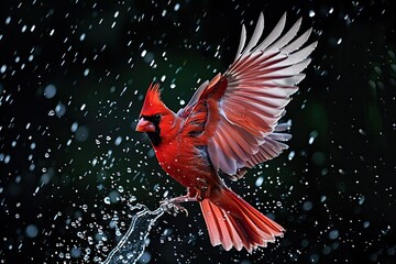 a beautiful northern cardinal bird flying by flaps the wings with droplets of water on black background 