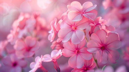 A close-up of delicate phlox flowers with their clustered blooms in various shades of pink and...