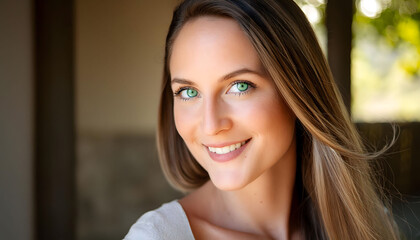 Obraz premium The attractive young woman with colorful eyes, smiling towards the camera in close-up