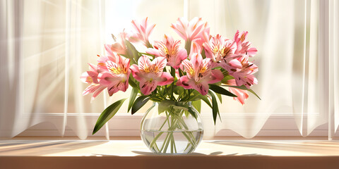 
Alstroemeria flowers on windowsill with vase, Flora flourishing in windowsill kitchen overlooking garden
