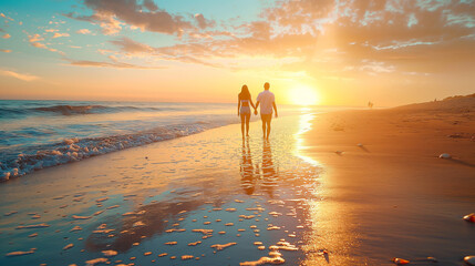 An enchanting image of a couple strolling hand in hand along a sunlit beach