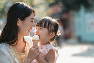 Portrait of happy mother with daughter eating ice cream together