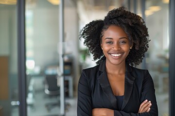 Happy african american young woman standing with arms crossed in office