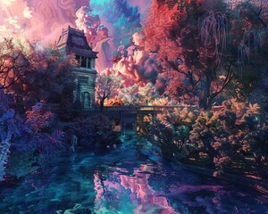 A beautiful landscape painting of a castle in a forest with a river running through it. The sky is filled with vibrant colors and the trees are lush and green.