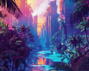 A beautiful painting of a city in the jungle with a river flowing through it