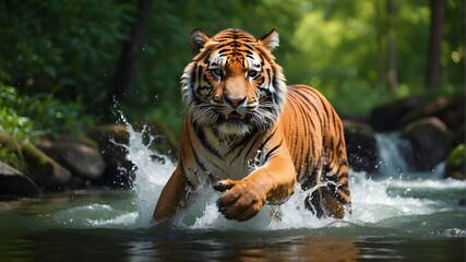 Amur Tiger Juggling in the Siberian Waters. Russian Wild Animal, Caution. Something in the Green Forest Stream. An 8K photo of a Siberian tiger splashing water